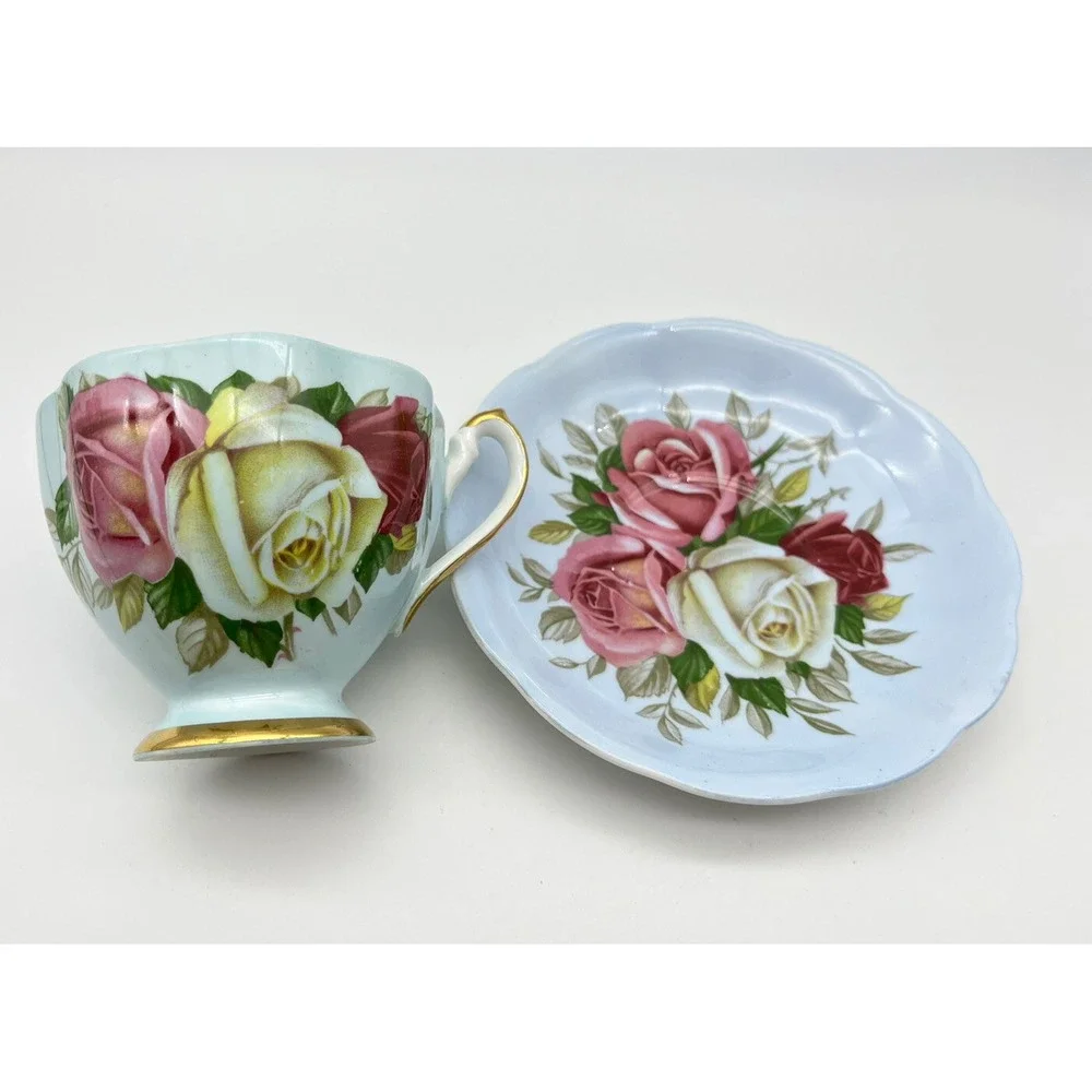 Vintage Queen ANNE Blue CABBAGE ROSE Cup & Saucer Set of 2